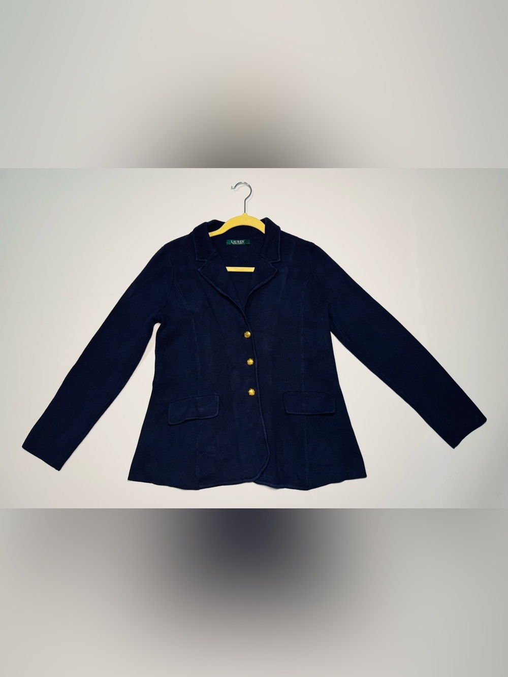 Lauren Ralph Lauren Blazer Womens Lg Navy Blue Knit Gold Crest Buttons Cotton